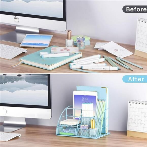 Blue desk accessories set 10 piece organizer stapler tape dispenser office suppl - Picture 6 of 7